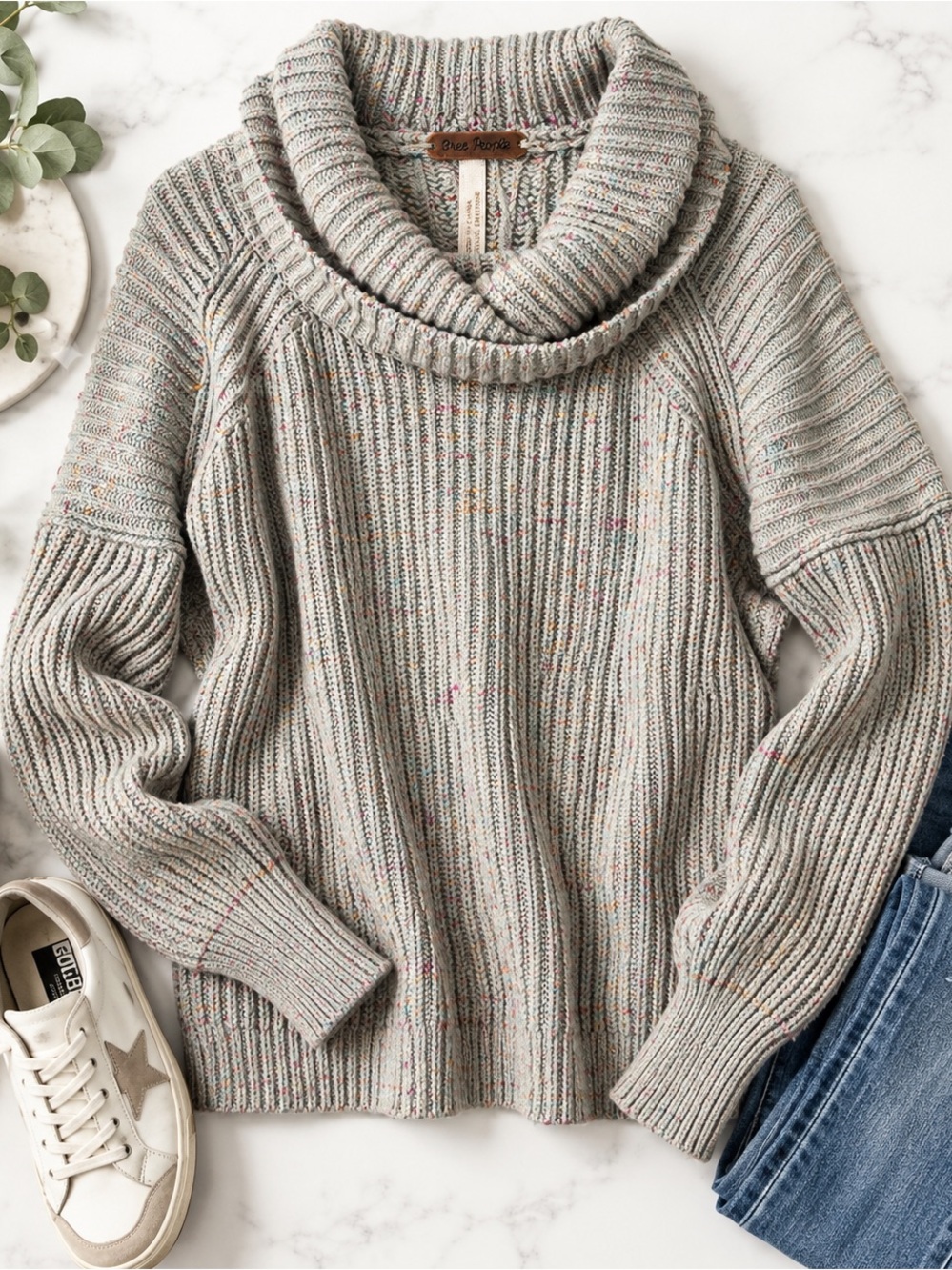 Free People Gray Confetti Speckled Cowl Neck Sweater